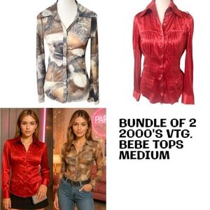 Y2K Bebe Bundle‎ Red Silk Blouse + Sheer Mesh Floral Lace Shirt long sleeve MED